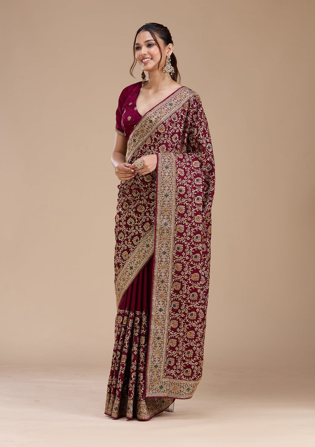 Wine Zariwork (Gold) Soft Raw Silk Saree_koskii