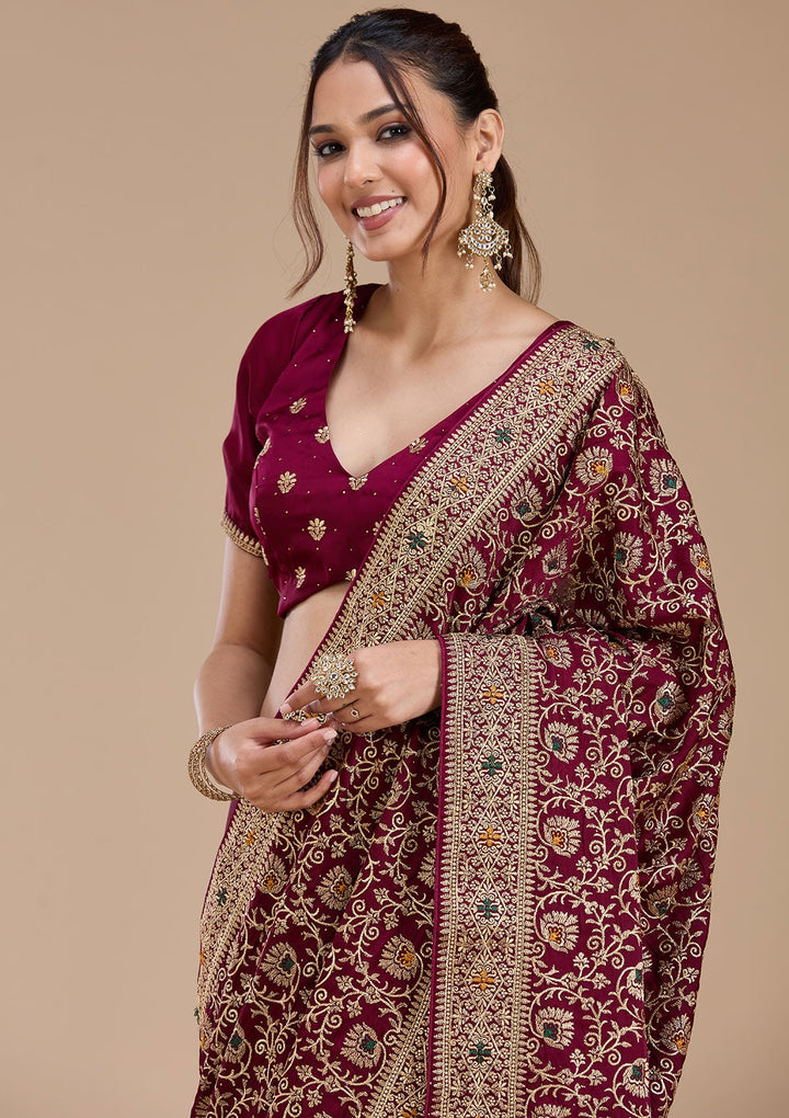 Wine Zariwork (Gold) Soft Raw Silk Saree_koskii