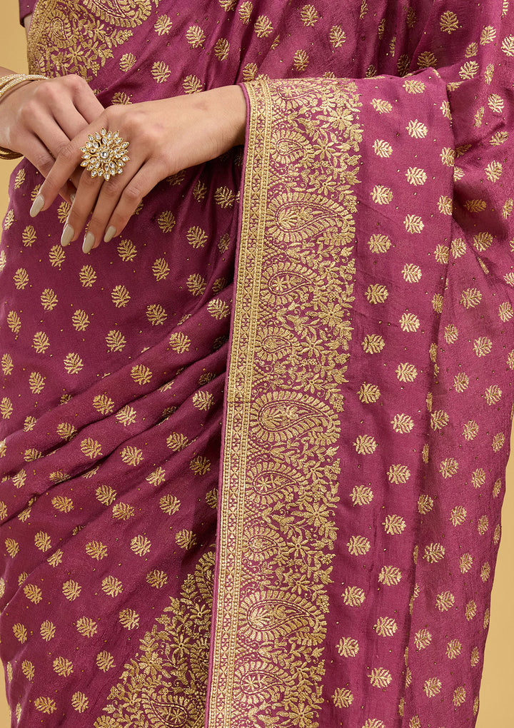 Onion Pink Zariwork (Gold) Soft Raw Silk Saree