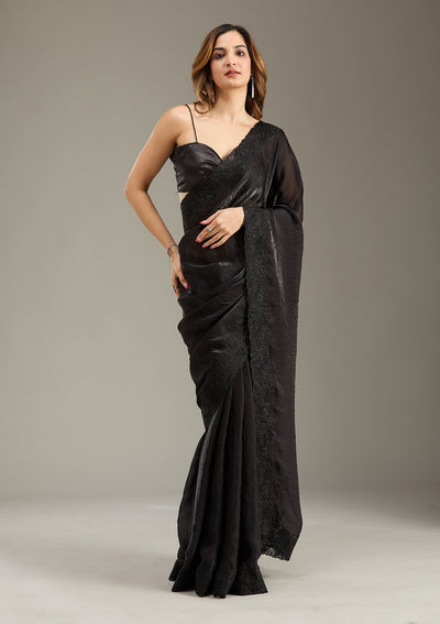 Black Threadwork Tissue Saree-Koskii