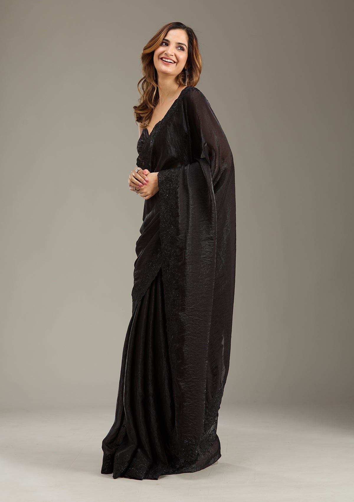 Black Threadwork Tissue Saree-Koskii