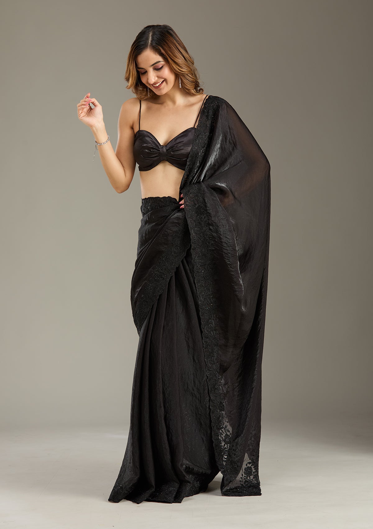 Black Threadwork Tissue Saree-Koskii