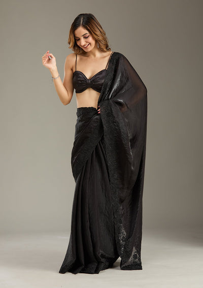 Black Threadwork Tissue Saree-Koskii