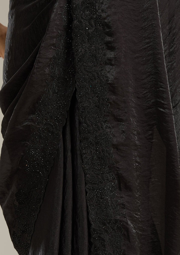 Black Threadwork Tissue Saree-Koskii