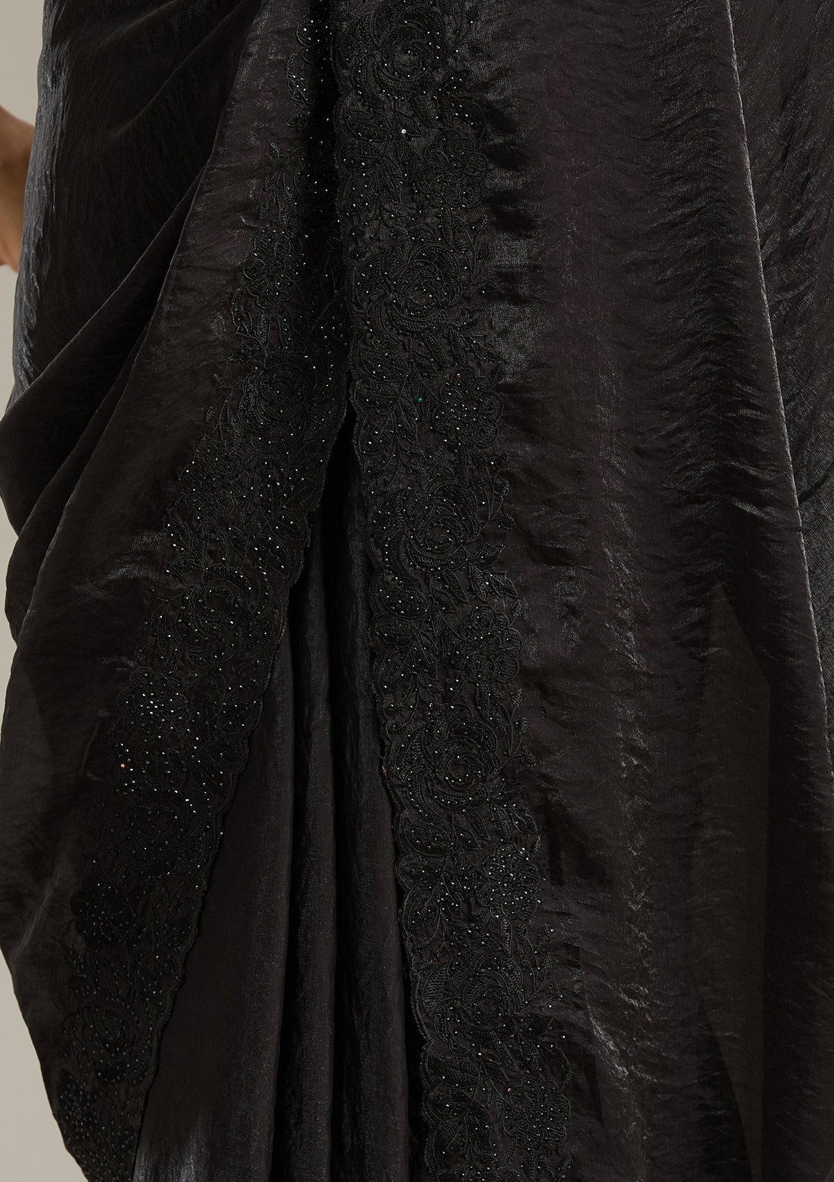 Black Threadwork Tissue Saree-Koskii