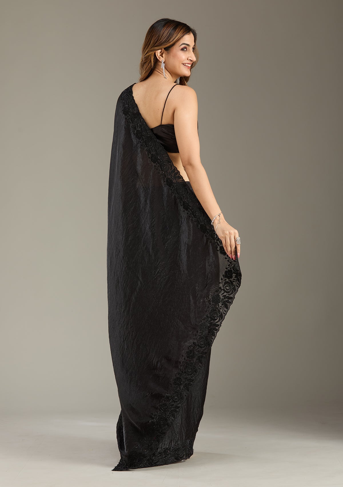 Black Threadwork Tissue Saree-Koskii