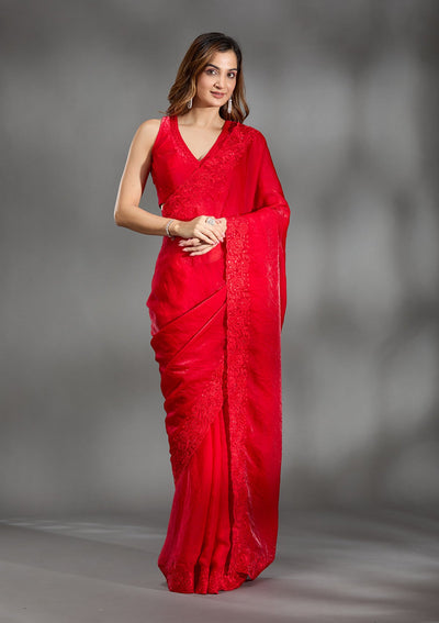 Red Threadwork Tissue Saree-Koskii
