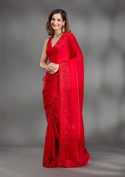 Red Threadwork Tissue Saree-Koskii