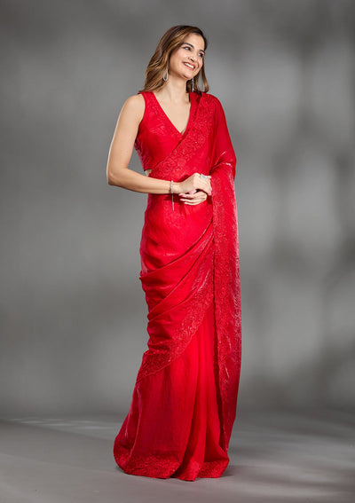 Red Threadwork Tissue Saree-Koskii
