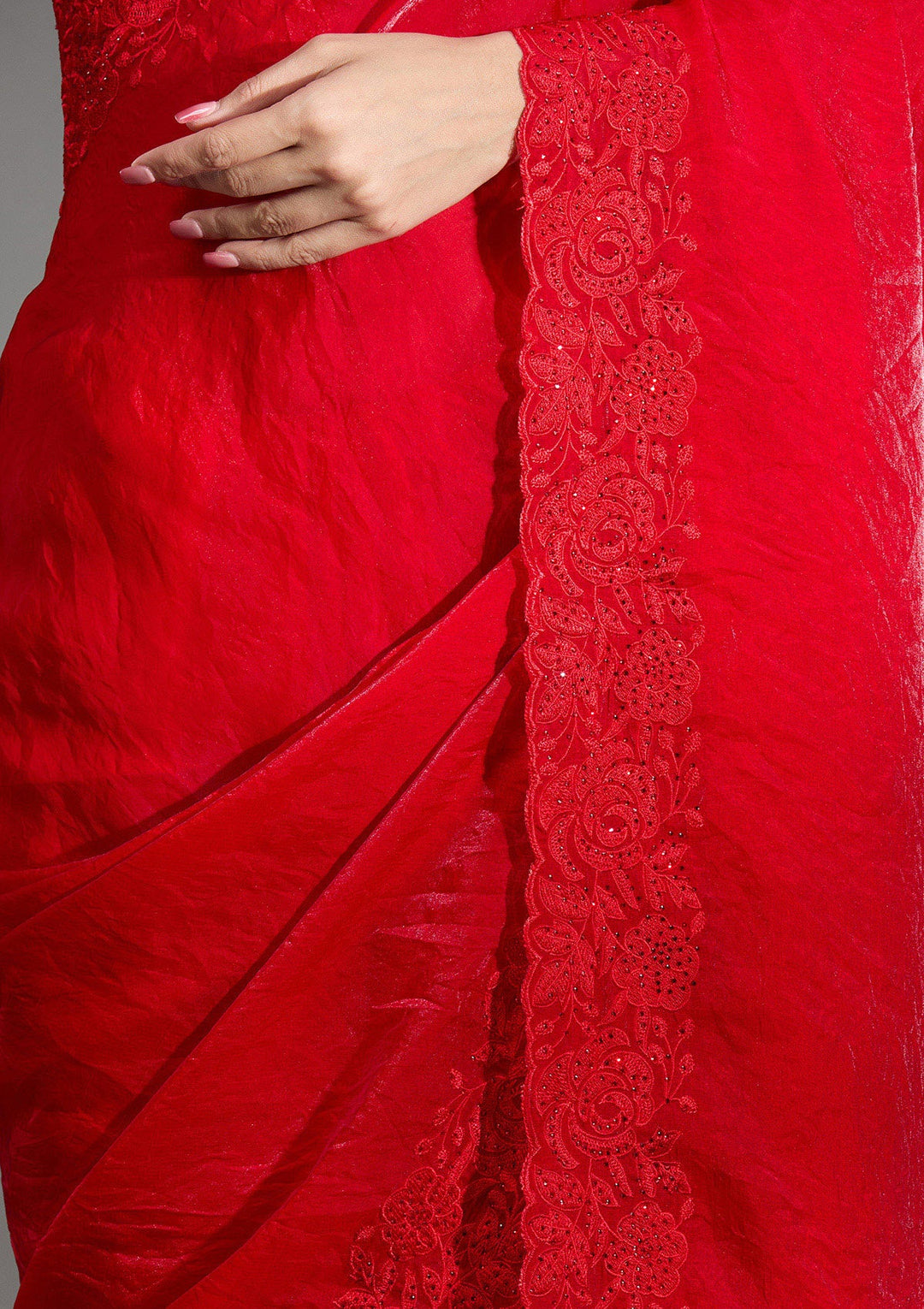 Red Threadwork Tissue Saree-Koskii