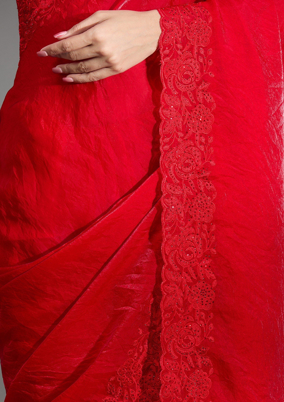 Red Threadwork Tissue Saree-Koskii