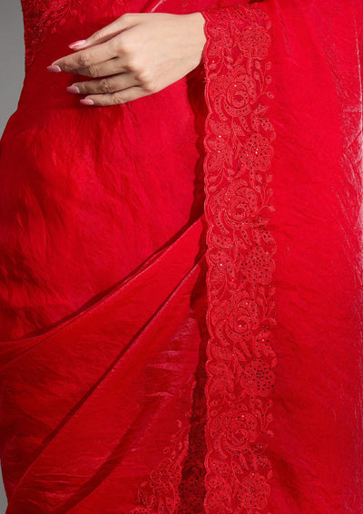 Red Threadwork Tissue Saree-Koskii