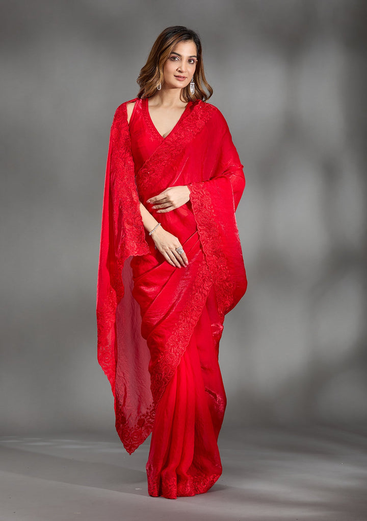 Red Threadwork Tissue Saree-Koskii