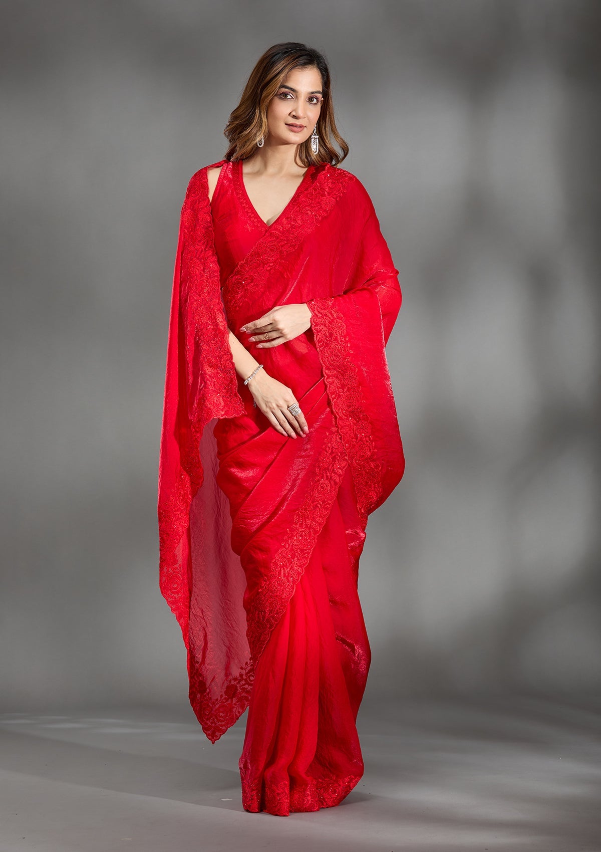 Red Threadwork Tissue Saree-Koskii
