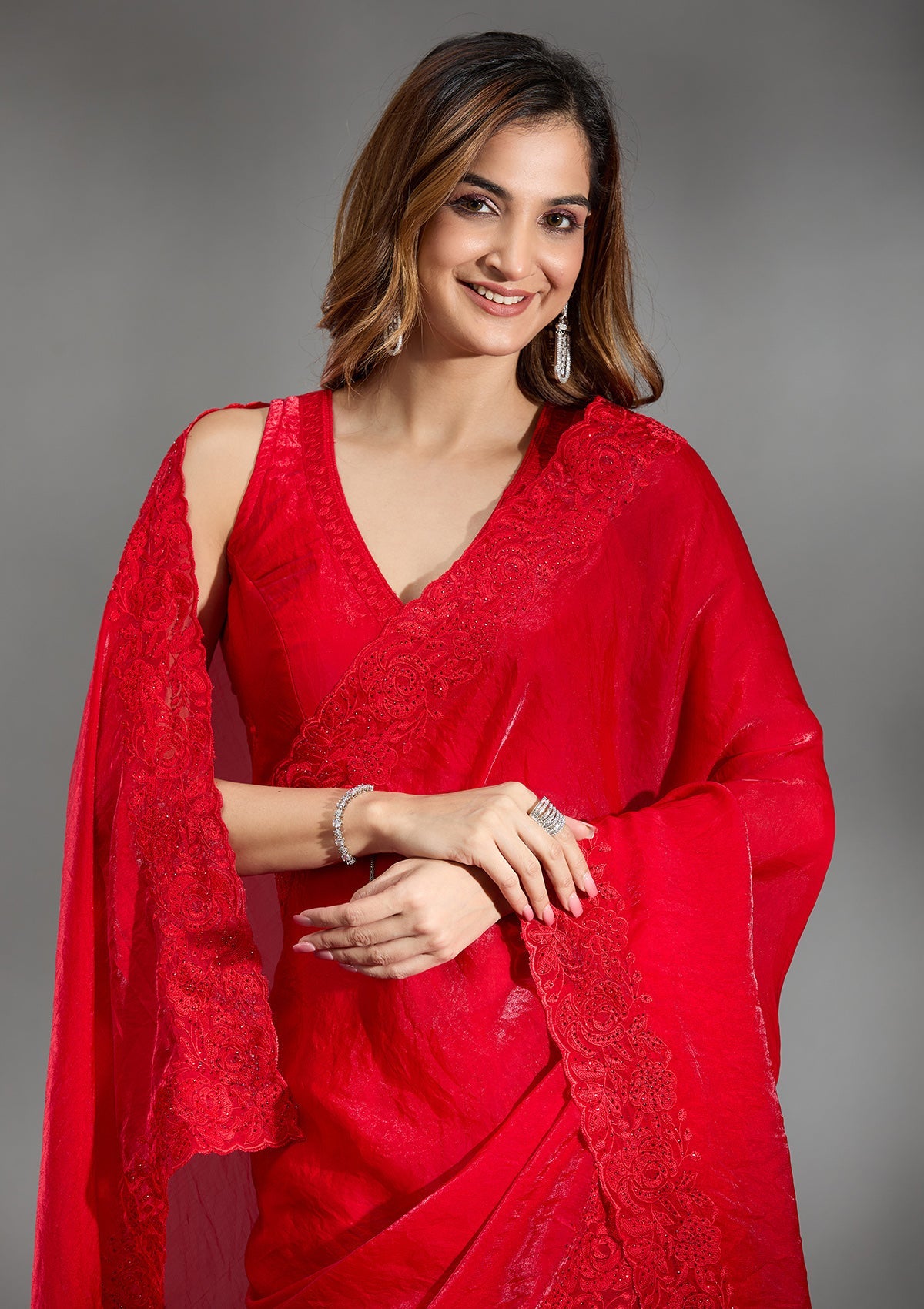 Red Threadwork Tissue Saree-Koskii