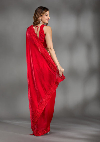 Red Threadwork Tissue Saree-Koskii