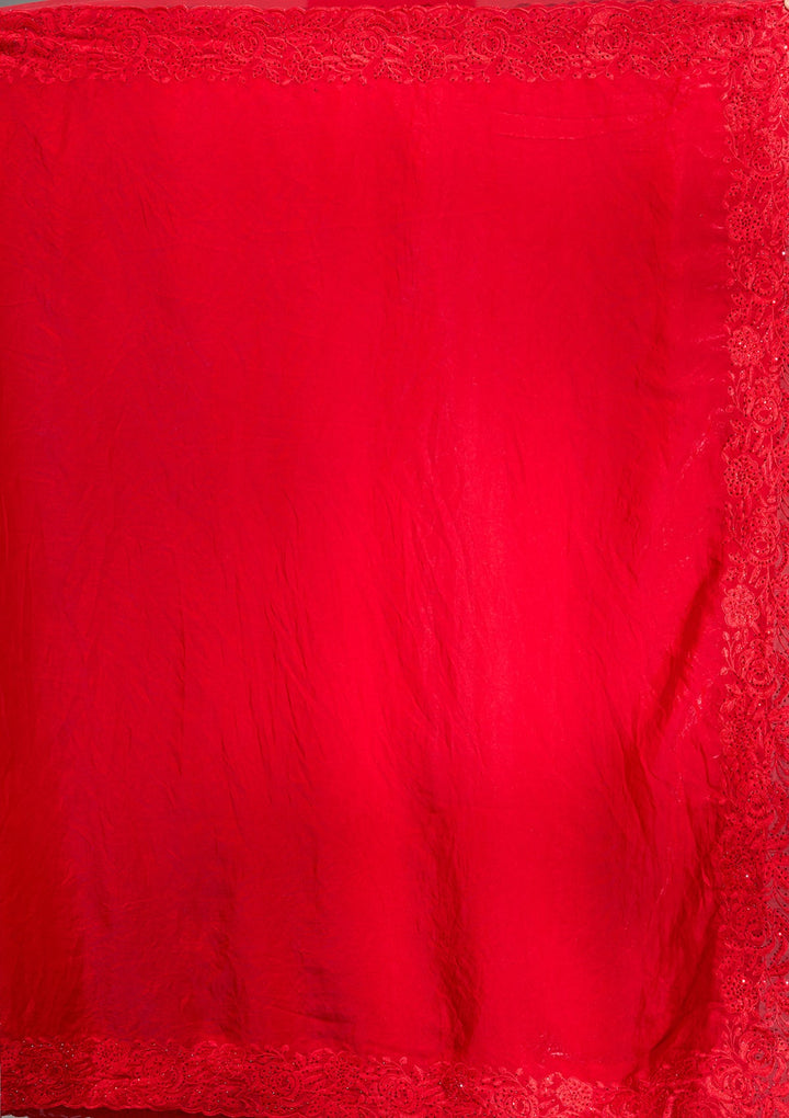 Red Threadwork Tissue Saree-Koskii