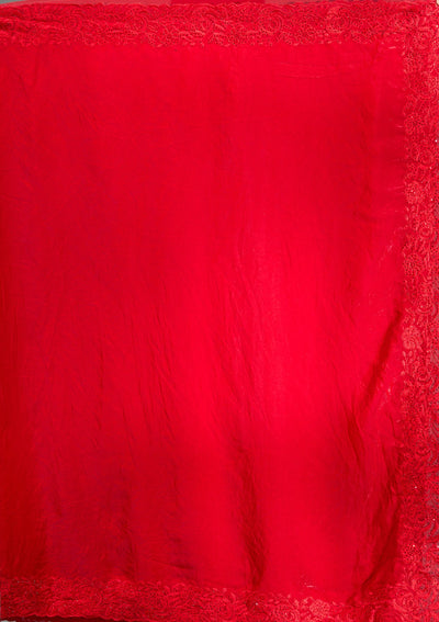 Red Threadwork Tissue Saree-Koskii