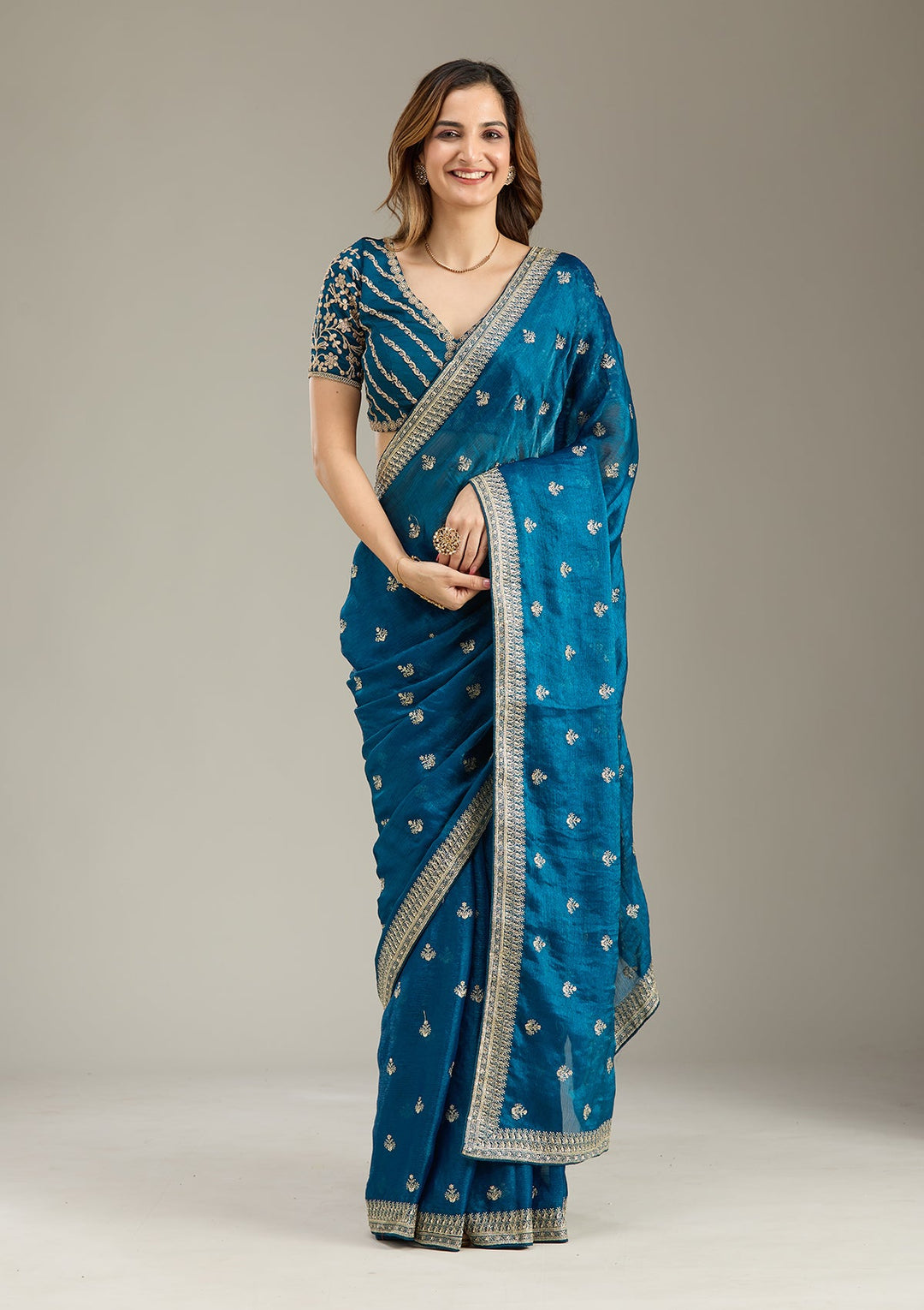Peacock Blue Zariwork (Gold) Tissue Saree-Koskii