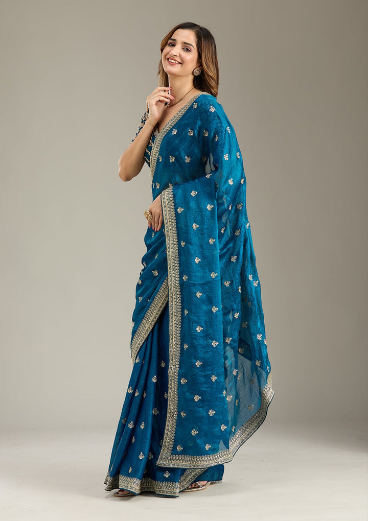 Peacock Blue Zariwork (Gold) Tissue Saree-Koskii