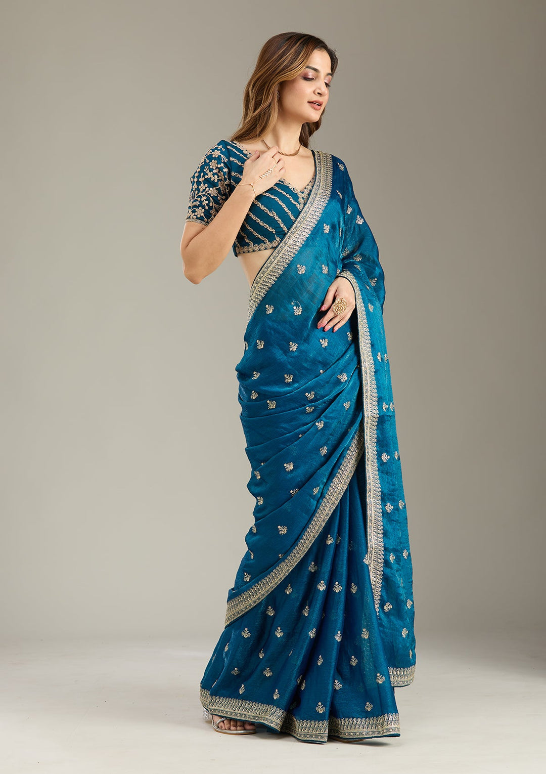 Peacock Blue Zariwork (Gold) Tissue Saree-Koskii