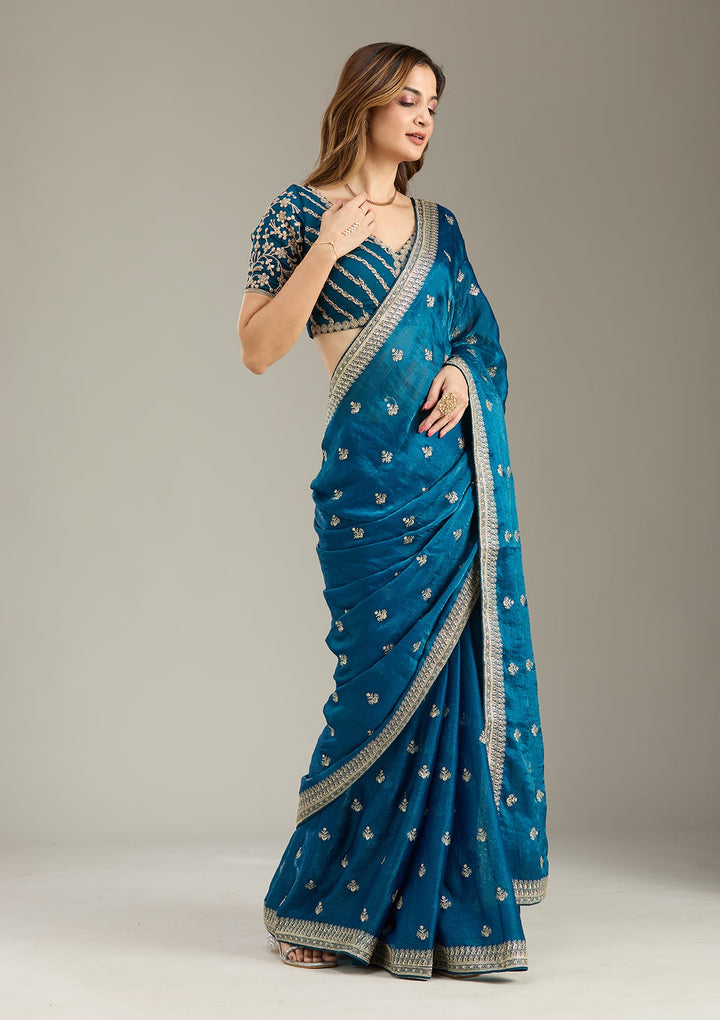 Peacock Blue Zariwork (Gold) Tissue Saree-Koskii