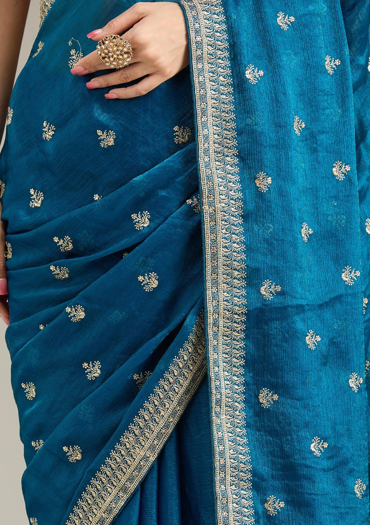 Peacock Blue Zariwork (Gold) Tissue Saree-Koskii