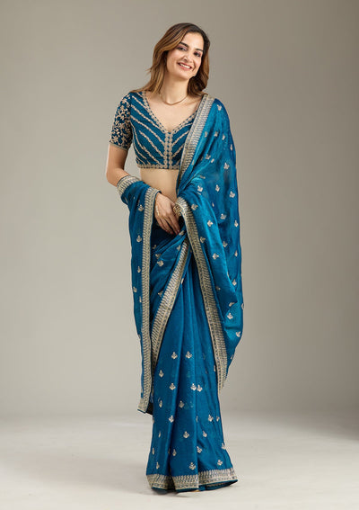 Peacock Blue Zariwork (Gold) Tissue Saree-Koskii