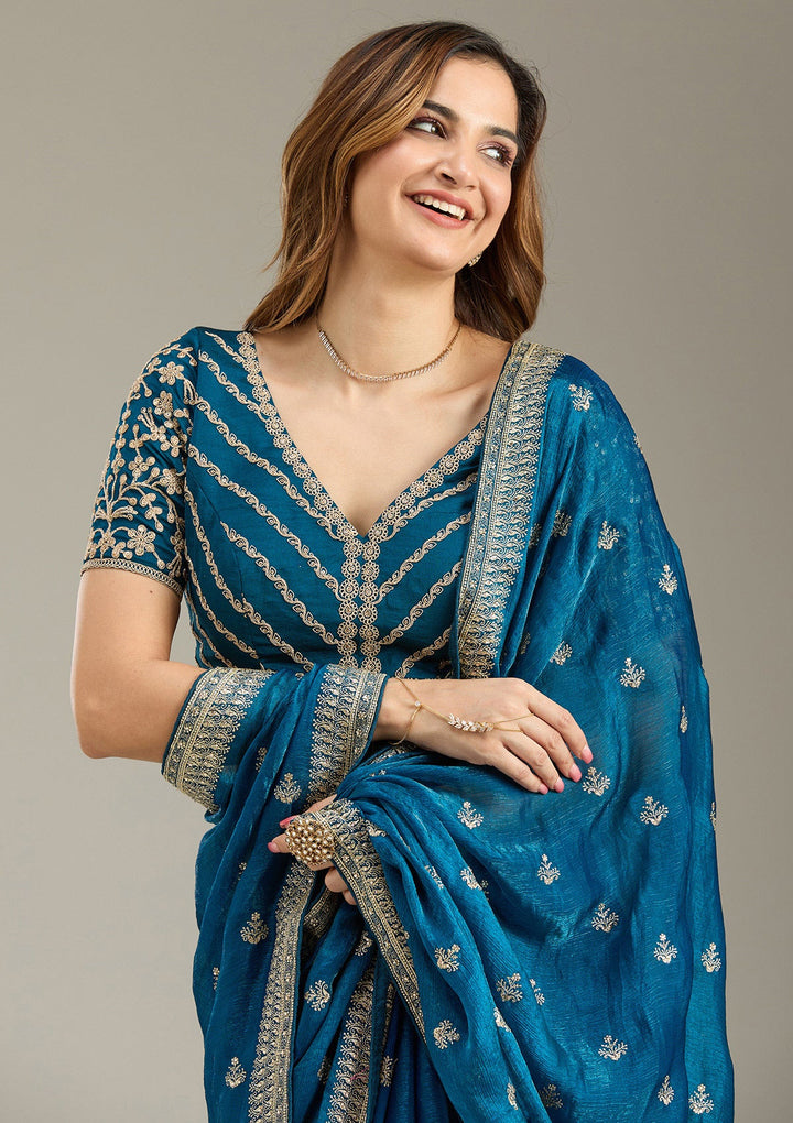 Peacock Blue Zariwork (Gold) Tissue Saree-Koskii