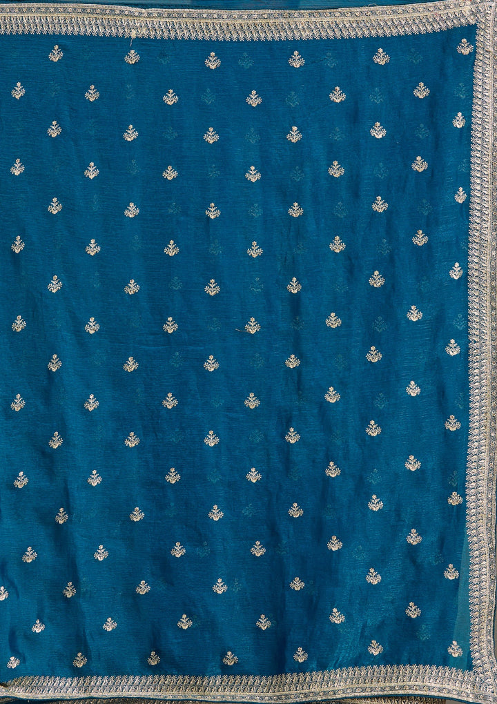 Peacock Blue Zariwork (Gold) Tissue Saree-Koskii
