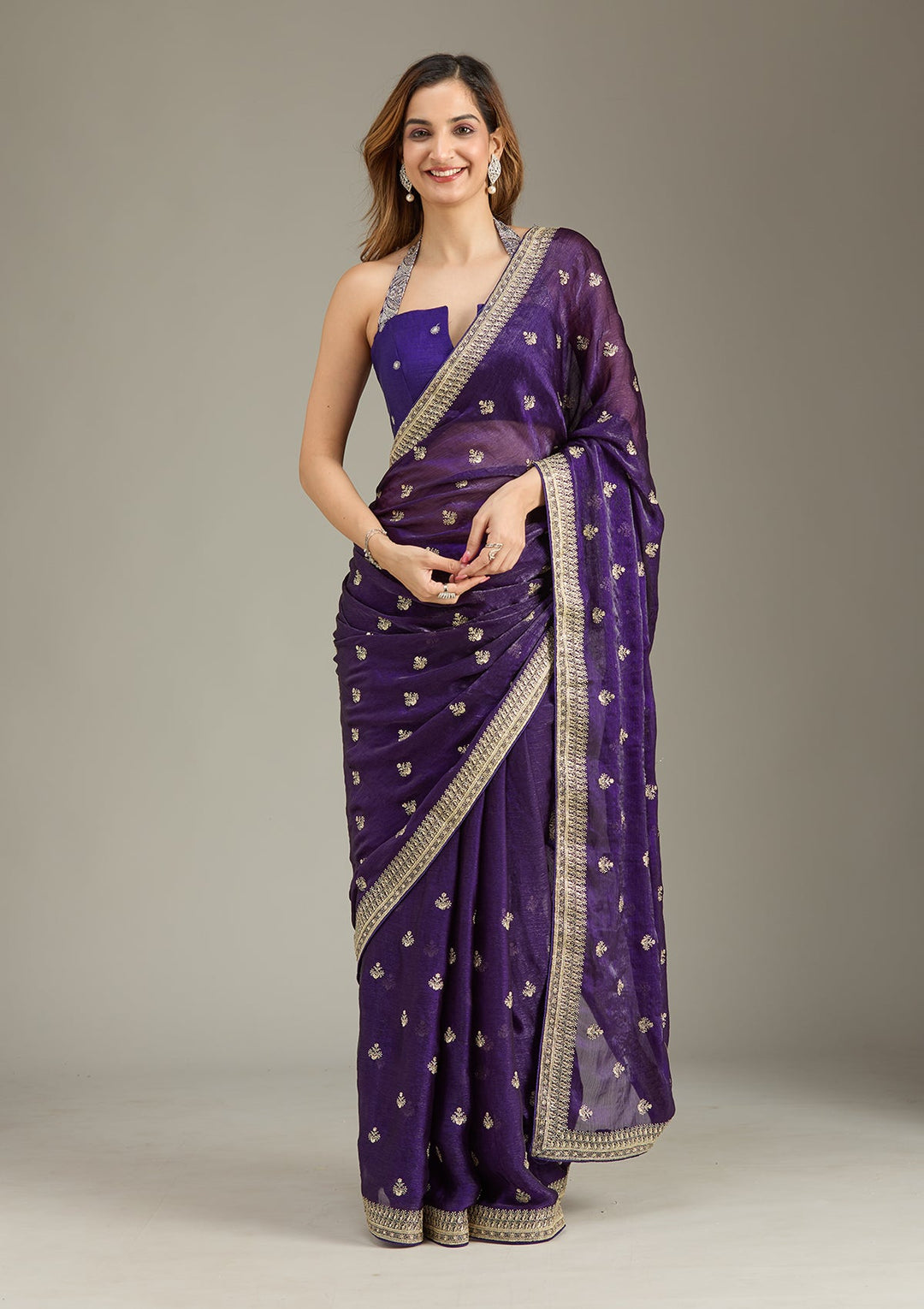 Purple Zariwork (Gold) Tissue Saree-Koskii