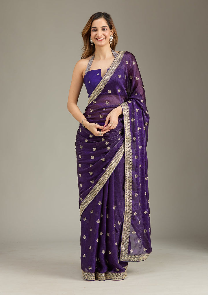Purple Zariwork (Gold) Tissue Saree-Koskii