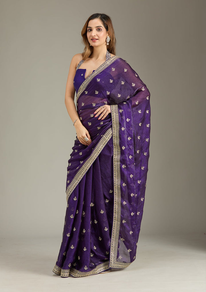 Purple Zariwork (Gold) Tissue Saree-Koskii
