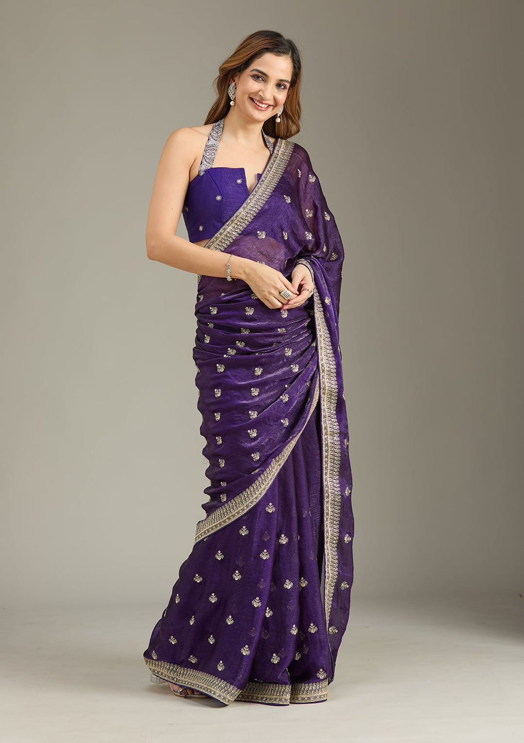 Purple Zariwork (Gold) Tissue Saree-Koskii