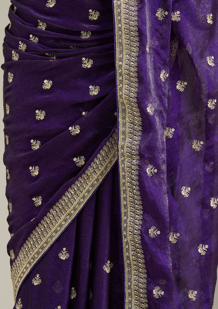 Purple Zariwork (Gold) Tissue Saree-Koskii