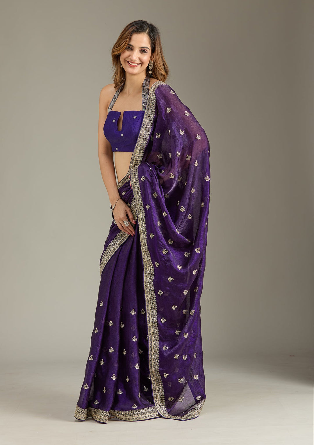 Purple Zariwork (Gold) Tissue Saree-Koskii