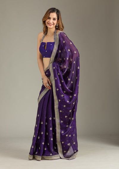 Purple Zariwork (Gold) Tissue Saree-Koskii