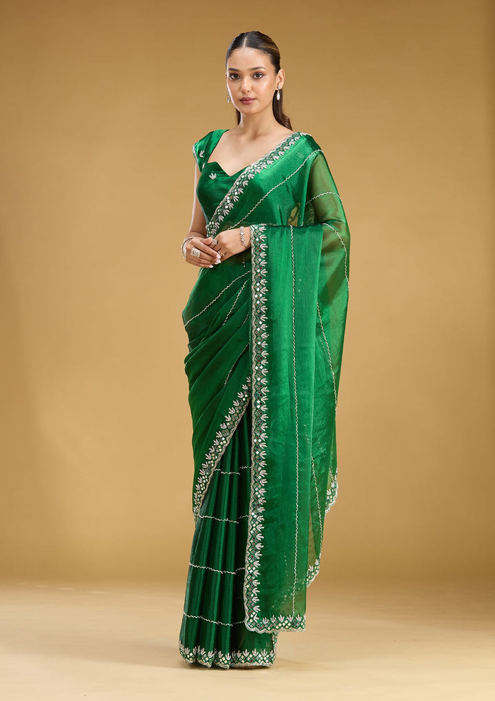 Bottle Green Cutdana Tissue Saree