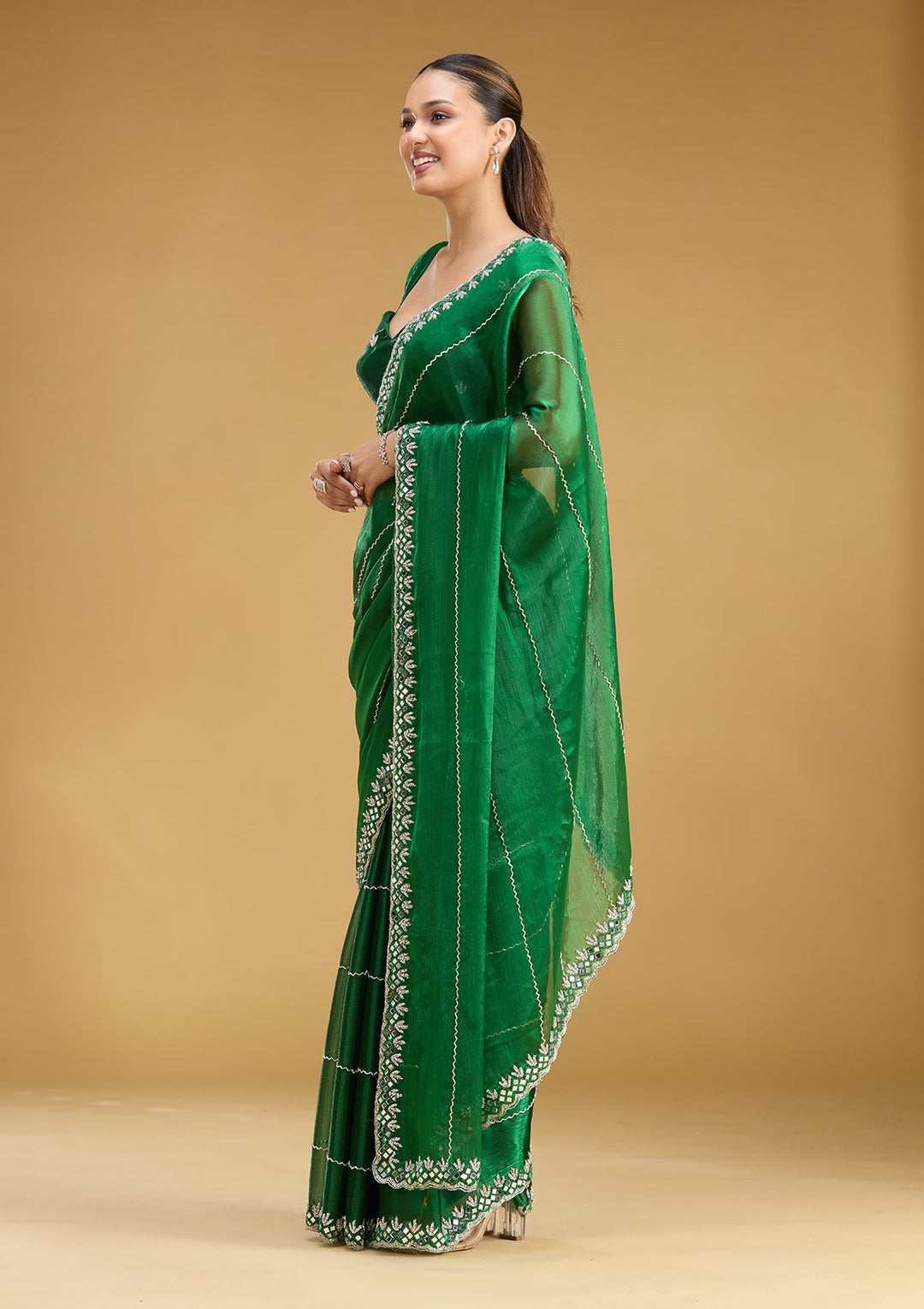 Bottle Green Cutdana Tissue Saree