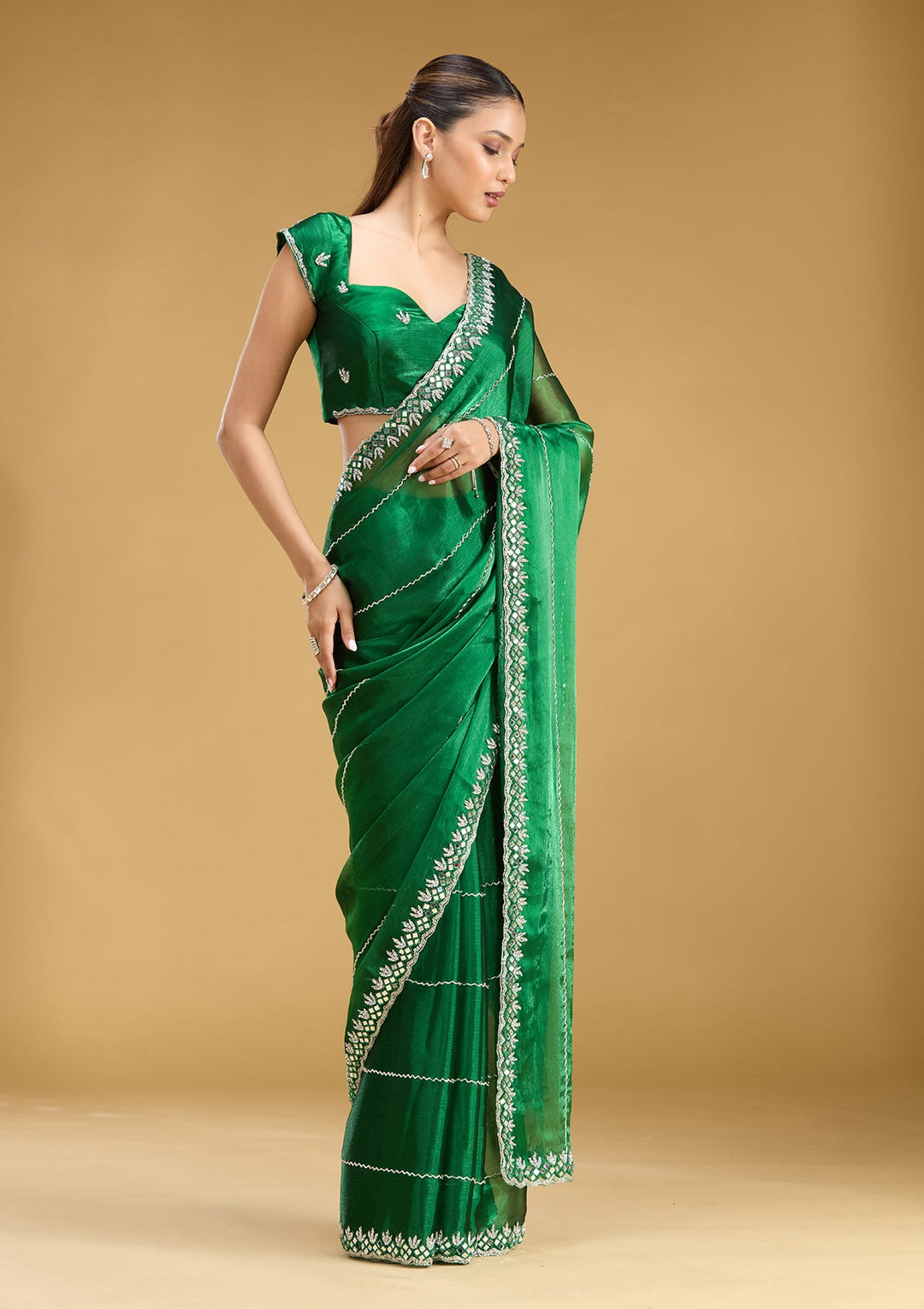 Bottle Green Cutdana Tissue Saree