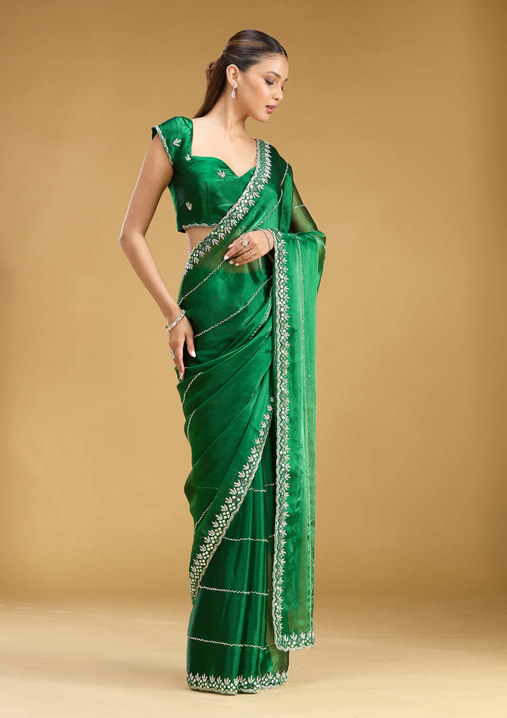 Bottle Green Cutdana Tissue Saree