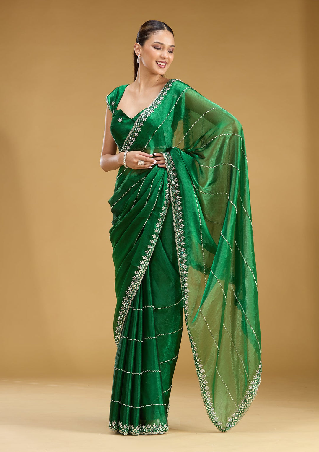Bottle Green Cutdana Tissue Saree