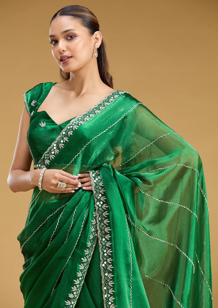Bottle Green Cutdana Tissue Saree