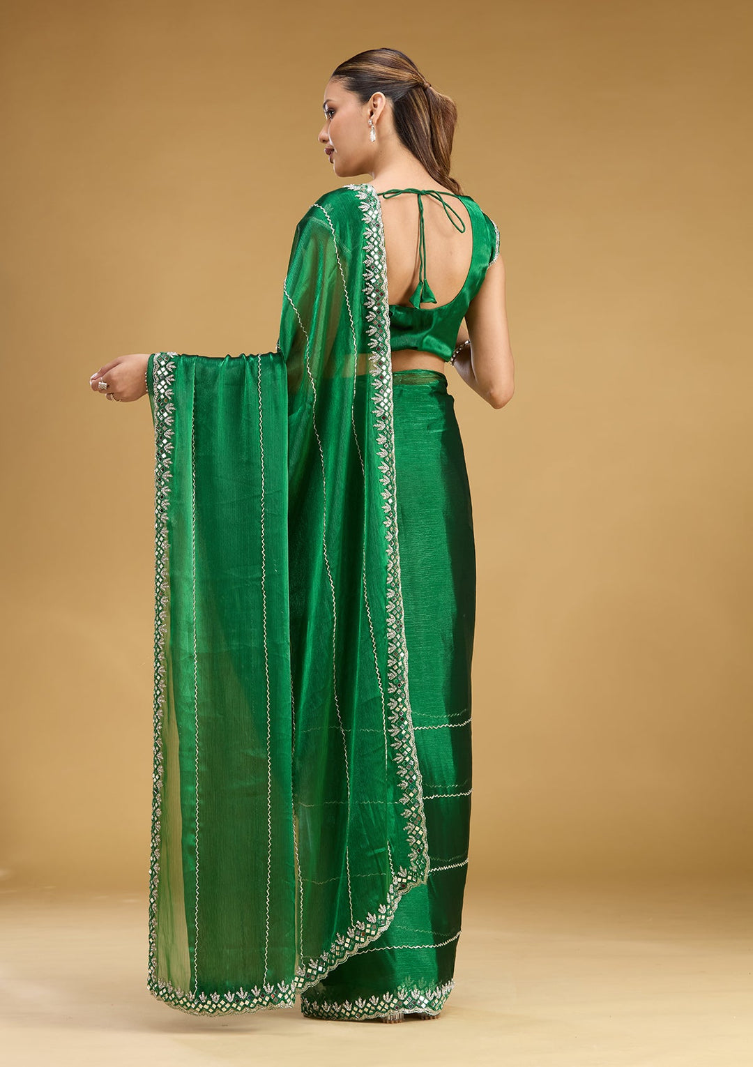 Bottle Green Cutdana Tissue Saree