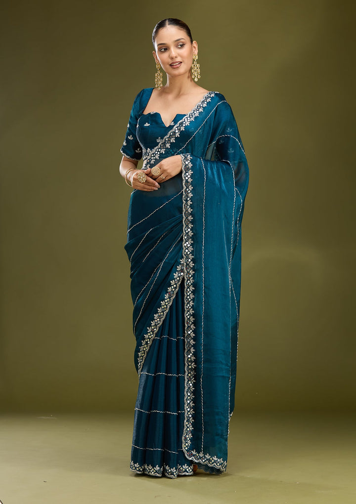 Peacock Blue Cutdana Tissue Saree