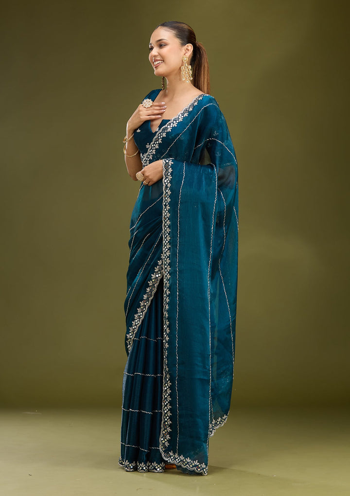 Peacock Blue Cutdana Tissue Saree