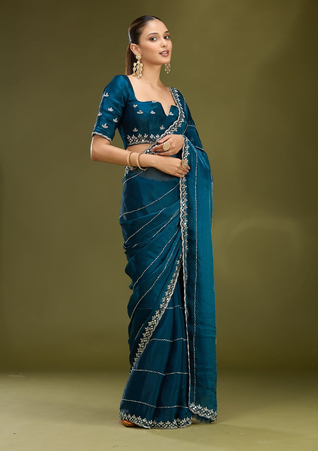 Peacock Blue Cutdana Tissue Saree