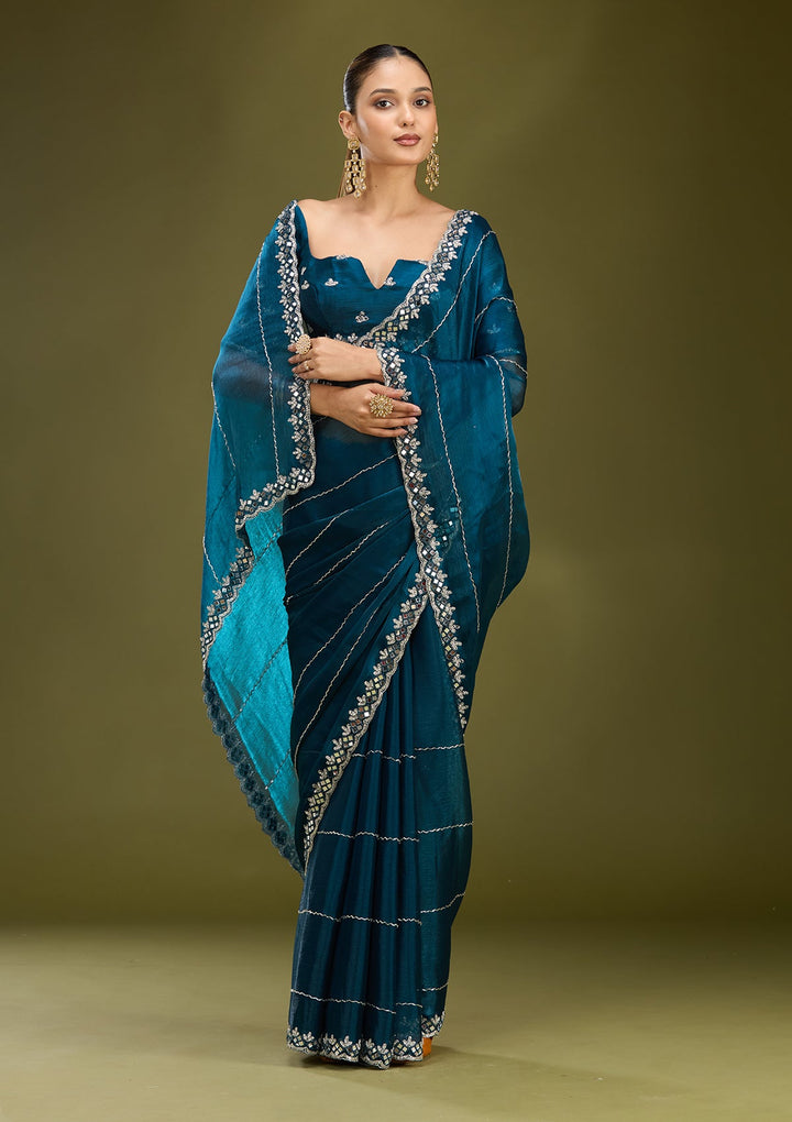 Peacock Blue Cutdana Tissue Saree