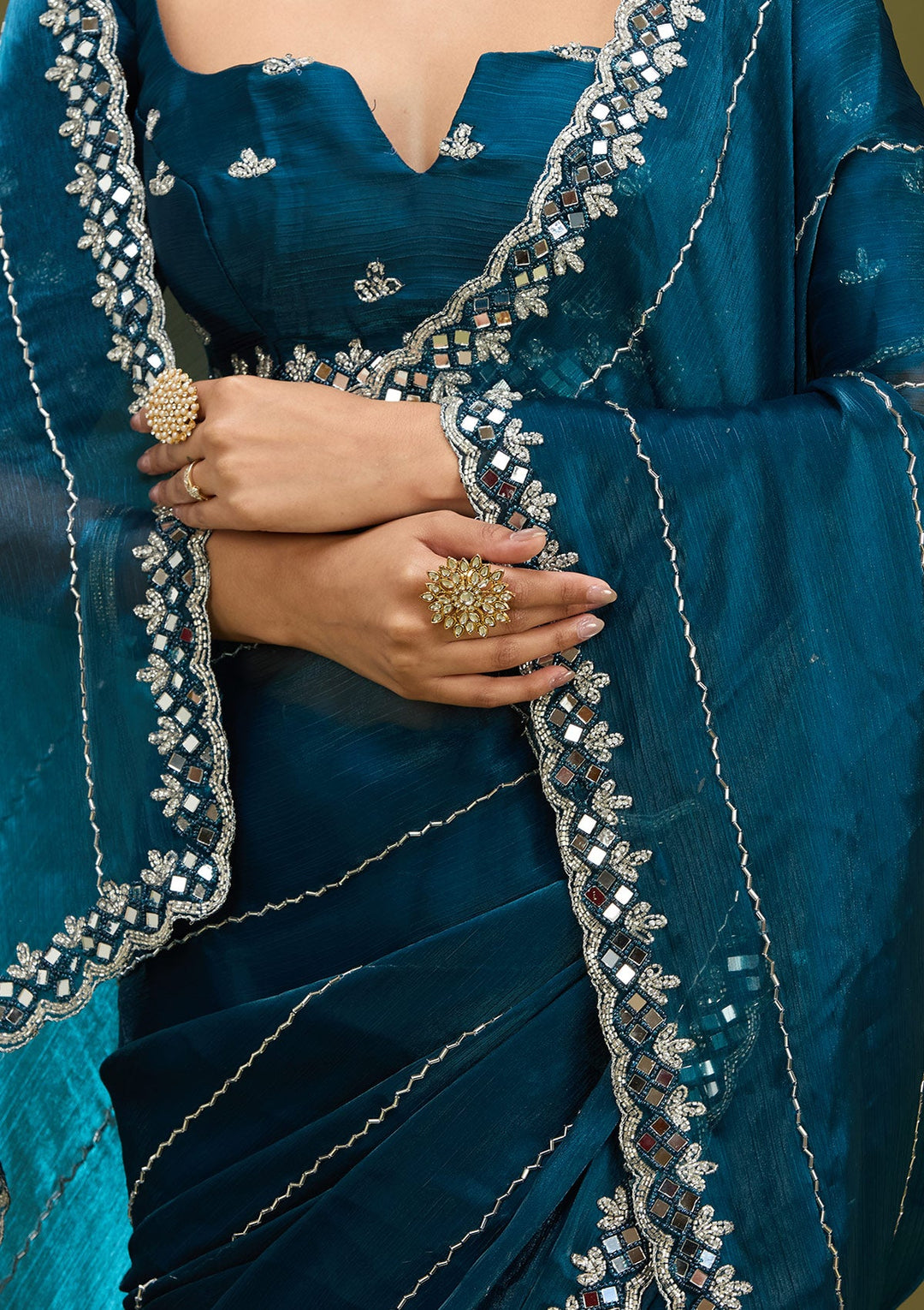 Peacock Blue Cutdana Tissue Saree