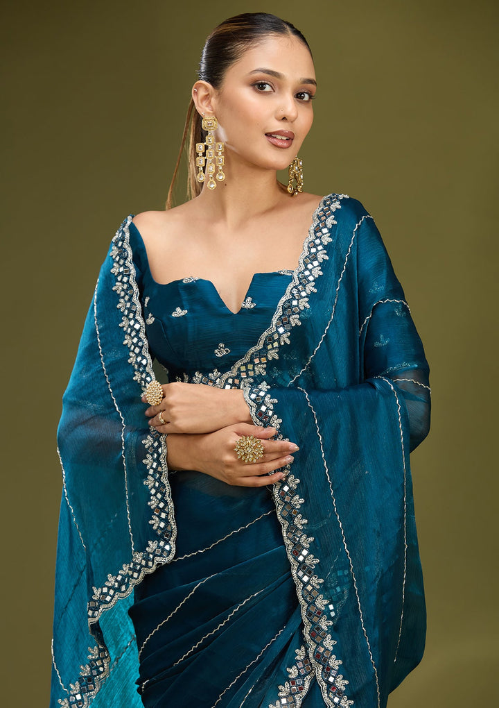 Peacock Blue Cutdana Tissue Saree